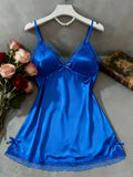 Women Satin Nightgown Lace Trim Spaghetti Strap V Neck Mini Slip Dress Soft Sleepwear Home Pajama Dress
