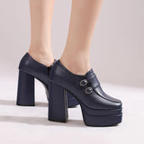 Plus Size Double Row Small Buckle Side Zipper Square Toe Double Layer Platform High Thick Heel Women's Pumps Shallow High Heels