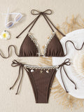 Shell Decoration Ribbed Halter Strappy Bikini Women Swimwear Female Swimsuit Two-pieces Bikini Set Bather Bathing Suit Swim Lady