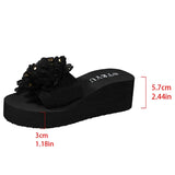 Fashion Flower Design Wedge Slippers Women Summer Sequins Black Platform Slides Female Stylish Anti-Slip High Heel Sandals Mujer