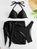 With Beach Sarong Bra Cup Wrinkled Bikini Female Swimsuit Women Swimwear Three-pieces Bikini Set Push Up Bathing Suit Swim Lady