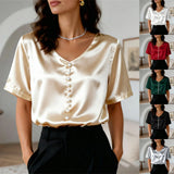Women's Satin Short Sleeve T Shirt With Pearl Buttons Solid Color V Neck Loose Fit Elegant Office Lady Tees Summer Commuter Top
