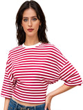 Women Summer Fashion Casual Elbow Sleeve T-Shirts Stripe Cinched Waist Crew Neck Tops Streetwear