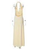FDYOUI 2026 Summer Deep V-neck Hollow Out Long Maxi Evening Dress Women Chic Backless High Slit Ruched Solid Party Club Dresses