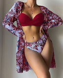 20 Colors Three Piece Bikinis Set Women Sexy Push Up Swimwear Swimsuit Plants Print Bathing Suit Bikini Cover Up Banadores Mujer