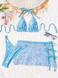Sexy Shiny Sequin Blue White Bikini Set Women 3D Mesh Flower Cover Up 3 Piece Thong Swimsuit Beach Holiday Bathing Suit Swimwear