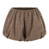 Womens Summer Bubble Shorts Elastic Waist Plaid Bloomers Loose Fit Casual Out Going Short Pants Streetwear