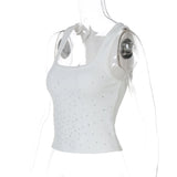 Woman Beading Rhinestones Tank Tops White Black Summer Sleeveless Corset T-shirt 2026 Casual Square Collar Crop Top Streetwear