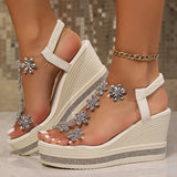Rhinestone Flowers Wedges Sandals Women 2026 Luxury Crystals Chunky Platform Sandles Woman Clear Pvc Super High Heel Party Shoes
