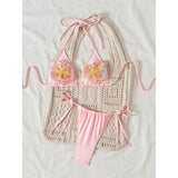 3D Flowers Halter High Leg Cut Thong Bikini Female Swimsuit Women Swimwear Two-Pieces Bikini Set Bather Bathing Suit Swim V6962