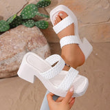 Women High Heels Sandals Fashion Weave Thick Heel Slippers Square Toe Summer Casual Ladies Slides Slip on Beach Sexy Shoes Woman