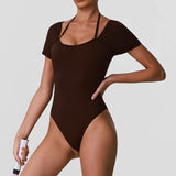 Summer Women's Cross Hollow Back Yoga Jumpsuit Short Sleeved Slimming Sports Overalls High Stretch Push Up Fitness Bodysuit