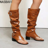 Plus Size Women Open Toe Thong Knee High Boots Metal Buckle Ruched Mid Block Heel Tall Sandal Boots Fashion Streetwear Long Boot