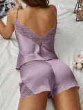 Women Summer Sexy Pajamas Set Backless Deep V Sleepwear Lace Satin Comfortable Short Sleeve Cami Shorts Set