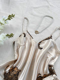 Women Sleepwear Summer Ice Silk Stain Comfortable 2pcs Pajamas Set V Neck Leopard Print Tops and Long Pants Loungewear