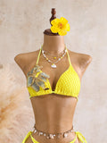 Sexy Black 3D Flower Holiday Bikini Set 2026 Women Drawstring Side Knitted Cover Up 3 Piece Swimsuit Beach Bathing Suit Swimwear