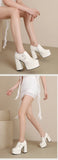 Plus Size Double Row Small Buckle Side Zipper Square Toe Double Layer Platform High Thick Heel Women's Pumps Shallow High Heels