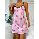 Women Butterfly Print Spaghetti Strap Nightgown Sleeveless Slim Fit Sleep Dress Soft Breathable Summer Home Loungewear