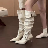 Women Patent Leather Pointed Toe Knee High Boots Thin High Heel Double Strap Buckle Tall Boots Retro Ladies Leather Long Boots