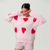 Women Spring Knitted Sweater Long Sleeve Round Neck Pearl Heart Print Knitwear Loose Pullover Tops
