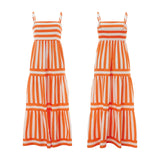 Women's Striped Print Dress Sleeveless Spaghetti Strap Square Neck Tiered Long Dress for Holiday Casual Boho Sundress
