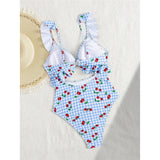 S - XL Cherry Printed Plaid Cut Out One Piece Swimsuit Women Swimwear Female Frilled High Leg Cut Bather Bathing Suit Swim V7557
