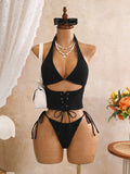 Sexy Pink Plaid Print Bikini Set 2026 Women Bandage Cross Fishbone Top 3 Piece Swimsuit Summer Bathing Suit Holiday Swimwear