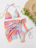 Women Tie Dye Print Micro Mini String Bikini Sets Three Pieces with Mesh Bow Tie Skirt Swimsuit Bathing Suit Beach Outfits