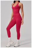 Summer Seamless Yoga Sets Women V Neck Slim Sports Tank Top Fitness Suit Peach Hip High Elasticity Leggings Running Tracksuit