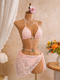 Sexy Mesh Cover Up 3 Piece Bikini Set 2026 Women White Metal Circle Push Up Bra Thong Swimwear Holiday Bathing Suit Swimsuit