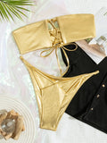 sexy gold giltter bandage bandeau bikinis sets two pieces 2024 women thong swimsuit female bathing suit swimwear biquini