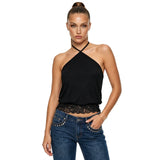 Women's Summer  Slim Fit Going Out Halter Tank Tops Lace Trim Hem Sleeveless Backless Vest
