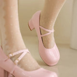 Big Size 30-48 Sweet Lolita Pink Mary Jane Shoes Women Round Toe Cross-Straps Platform White Block Heel Cute Dress Pumps