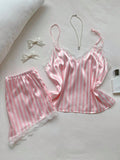 Two Piece Women's V-Neck Sexy Lace Suspender Pajama Satin Silk Intimate Lingerie Pink Stripe Sleewpear Pijamas Suit Summer New