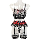 Toucheart 4-Piece Sexy Lingerie Set Women Embroidered Flower Straps Cross Hollow Out Mesh Patchwork Sexy Lace Up Bra Garters Set