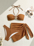 3PCS With Sarong Metal Star Halter Bikini Female Swimsuit Women Swimwear Three-Pieces Bikini Set Bather Bathing Suit Swim V7042