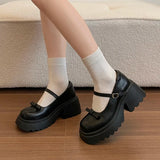 Japanese Style Bow Chunky Platform Pumps Women Ankle Buckle Thick Heels Mary Jane Shoes Woman Preppy High Heel Pu Leather Shoes