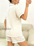 Women's Cotton Polka Dot Printed Pajama Set With Contrast Trim Button-Down Shirt & Shorts Homewear Summer Set Two Pieces Set Pj