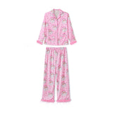 Women Satin Christmas Pajamas Sets Long Sleeve Santa Claus Print Tops with Elastic Waist Pants Two Pieces Sleepwear