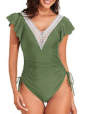 2026 Crochet Drawstring One Piece Swimsuit Women Sexy Ruffle Swimwear Female Solid Bathers Bathing Swimming Swim Suit Beachwear