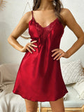 Solid Color Satin Spaghetti Strap Nightdress Women Sexy Lace Patchwork V-neck Mini Dress Pajamas Hot Girl Nightgown Home Outfits