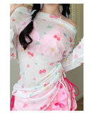Sweet Vacation Bikini Set 2026 Women Long Sleeve Drawstring Cover Ups Pleate Short 4 Piece Swimsuit Beach Bathing Suit Swimwear