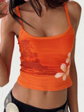 Women's Floral Print Camisole Summer Sleeveless Low Cut Slim Fit Crop Tank Tops Casual Vest Streetwear