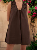 Women Summer Solid Color V Neck Loose Tank Dress Sleeveless Beach Mini Dresses with Pocket