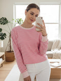 Spring Autumn Casual Loose Tops for Women Long Sleeve Round Neck Loose Fit Striped Print T-shirts