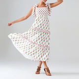 Flower Print Tie Strap Swing Dress Women A-Line Square Neck Tiered Ruffled Summer Bohemian Beach Long Tank Dress