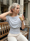 Women's Cinched Waist Blouse Tops Fashion Stylish Off Shoulder Short Sleeve Solid Color Shirts Summer Elegant Shirts Streetwear