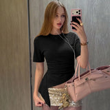 FDYOUI Women O-neck Short Sleeve Solid T-shirts 2026 Summer Chic Ruched Bandage Corset T-shirt Female Tunics Irregular Crop Tops