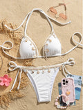 Shell Decoration Halter String Strappy Bikini Women Swimwear Female Swimsuit Two-pieces Bikini Set Ribbed Bathing Suit Swim Lady