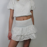 Shirred Mini Skirt A-Line Pointelle High Waist Layered Ruffle Skirt for Women 2024 Summer Solid Color Sweet Skirts